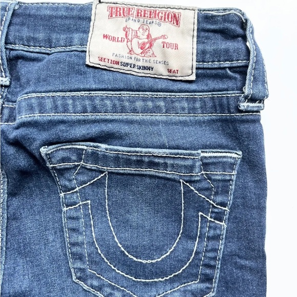 True Religion 29 Super Skinny Jeans Dark Wash Blue Distressed Mid Rise Logo - Picture 9 of 14